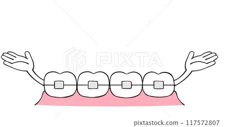 Orthodontics, Raising both hands, Illustration of aligned teeth 117572807
