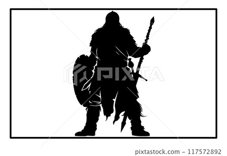 dwarf warrior silhouette, Viking with axe detailed vector silhouette 117572892