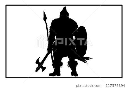 dwarf warrior silhouette, Viking with axe detailed vector silhouette 117572894