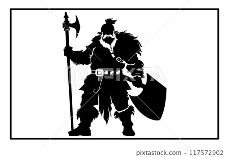 dwarf warrior silhouette, Viking with axe detailed vector silhouette 117572902