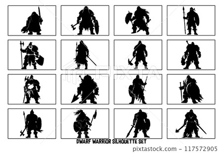 dwarf warrior silhouette, Viking with axe detailed vector silhouette 117572905