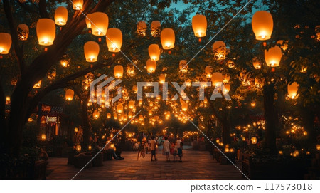 Brightly lit Chinese lanterns hanging from trees in a night garden. Mid-Autumn festival decorations Brightly lit Chinese lanterns hanging from trees in a night garden. Mid-Autumn festival decorations 117573018