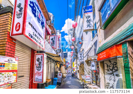 日本八月的東京城市景觀。三軒茶屋車站旁的酒吧街鈴蘭通街景 日本八月的東京城市景觀。三軒茶屋車站旁的酒吧街鈴蘭通街景 117573134