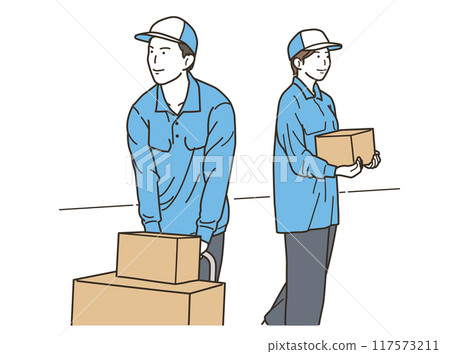 男性和女性送貨司機在手推車上搬運紙板箱 117573211