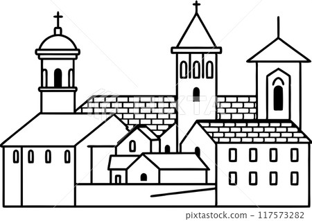 Medieval city with residential buildings, cathedrals, bell towers 117573282