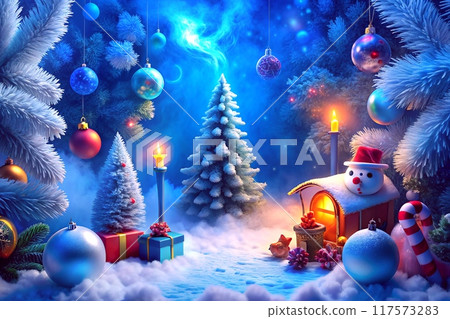 New Year. Christmas trees with colored balls,toys in snow 117573283