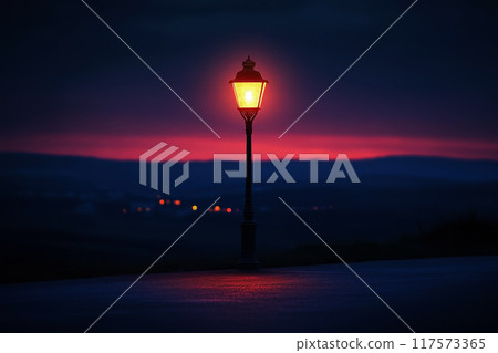 Bright street lamp shines on a street at twilight, casting a warm glow on the foggy urban landscape, with raindrops glistening in the light 117573365