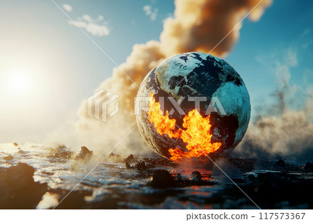 A stylized representation of a boiling Earth, with continents rendered as abstract surrounded by molten lava. 117573367