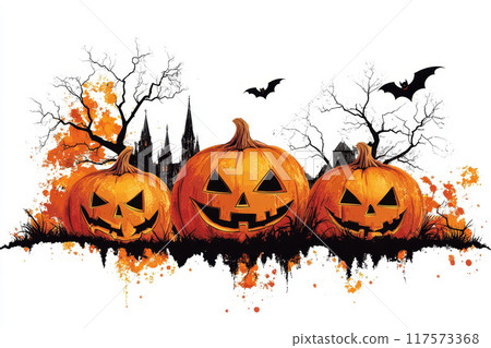 Halloween night background with moon, owl, spider, bat, pumpkin, castle and old tree. 117573368