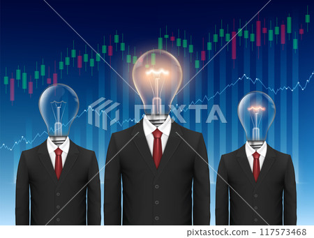 Businessmans in a suits with a light bulb head. 117573468
