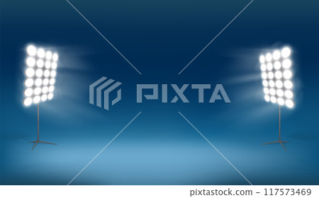 Glowing lighting equipment spotlights in the studio. Glowing lighting equipment spotlights in the studio. 117573469