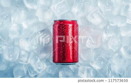 Blank red aluminum can, crushed ice background with copy space, cold drink concept banner 117573630