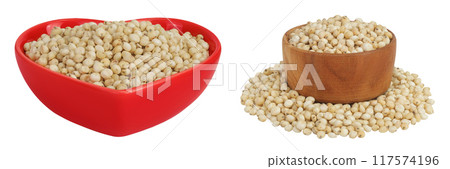 Sorghum seeds in ceramic and wooden bowl isolated on white background with full depth of field. Sorghum seeds in ceramic and wooden bowl isolated on white background with full depth of field. 117574196