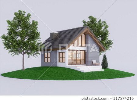 Modern contemporary small house on the grass hill with green nature isolated on gray background 3d render 117574216