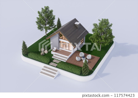 Aerial view of modern contemporary small house on white base with wooden terrace and green garden 3d render 117574423