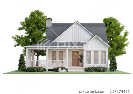 Front view of modern style small cottage house on the green lawn isolated on white background 3d render 117574425