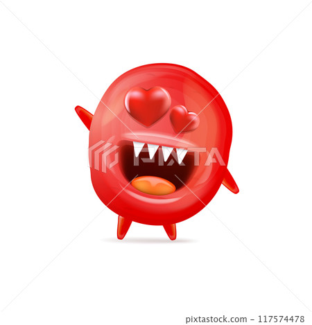 Vector cartoon funny red monster with heart eyes isolated on white background. Silly monster print sticker design template. Cute Ghost, troll, gremlin, goblin, devil and Halloween character 117574478