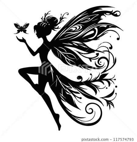 Silhouette of a fairy with ornate wings, interacting with a butterfly Silhouette of a fairy with ornate wings, interacting with a butterfly 117574793