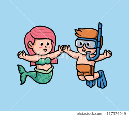 cute mermaid and a diver illustration 117574949