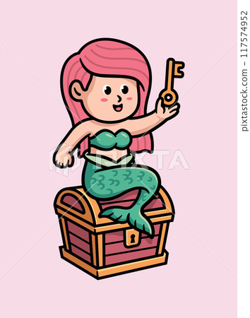 cute mermaid and treasure chest 117574952