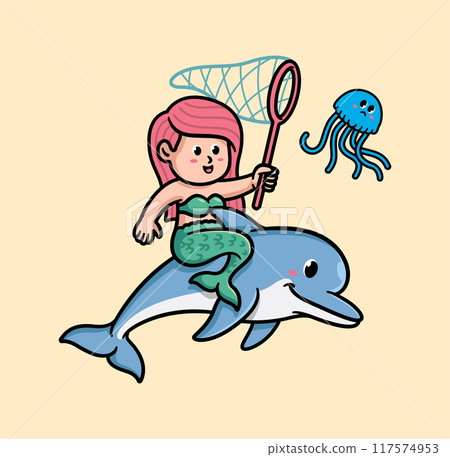 Cute mermaid catches jellyfish with dolphin 117574953