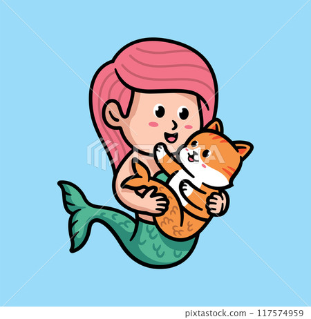 cute mermaid holding cat illustration cute mermaid holding cat illustration 117574959
