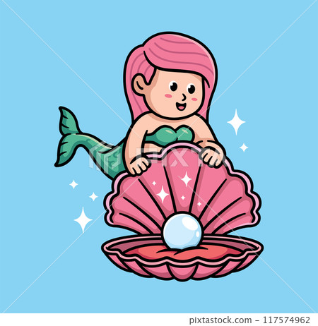 cute mermaid opens pearl shell illustration 117574962