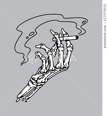 fantasy illustration of skull hand holding cigarette, drawing, ink, line art 117575015