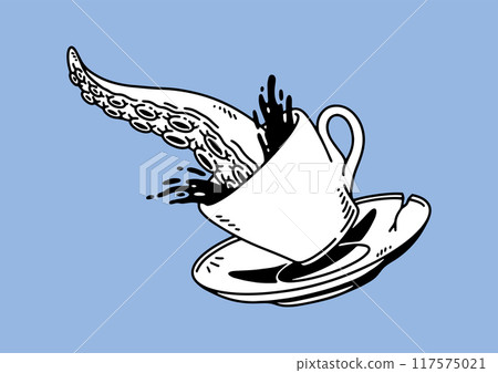fantasy illustration of tentacles and coffee, drawing, ink, line art fantasy illustration of tentacles and coffee, drawing, ink, line art 117575021