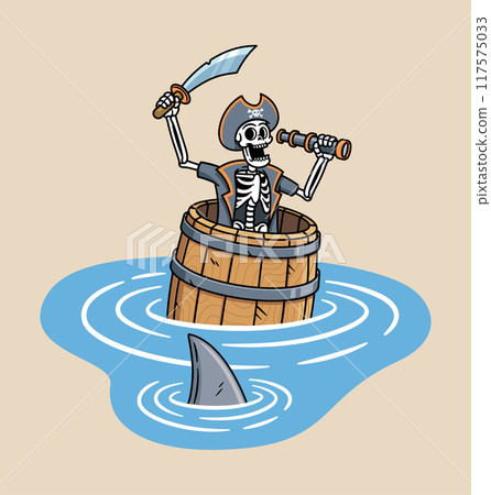 Pirate skull stuck in the sea with barrel 117575033