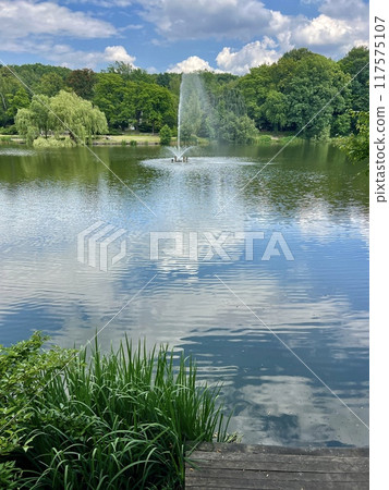 Fountain on the lake in the park. Beautiful summer landscape with lake and trees 117575107
