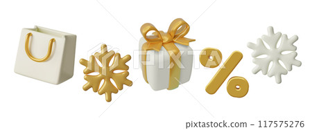 3D winter sale icons set White and gold luxury shopping bag gift box percentage sign and snowflakes 3D winter sale icons set White and gold luxury shopping bag gift box percentage sign and snowflakes 117575276