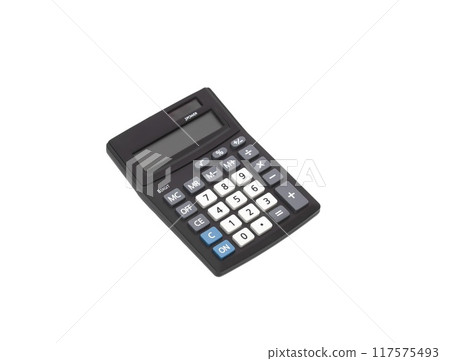 Black calculator isolated on white background with no display, copy space Black calculator isolated on white background with no display, copy space 117575493