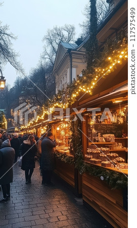Discovering Delights at Christmas Market. Curious and happy people, tourists buying souvenirs and food at Christmas market, festival outdoor. 117575499