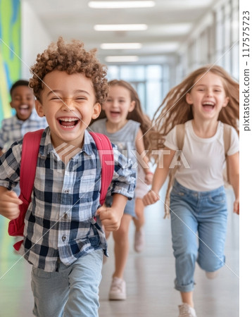 Group of young children running down school hallway, laughing and smiling as they move energetically. End of lessons. Happiness, joy and free time, 117575723