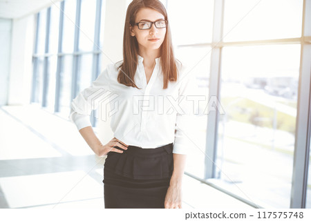 Beautiful female specialist with dark hair standing in sunny office and smiling charmingly. Working on design, data analysis, plan strategy 117575748