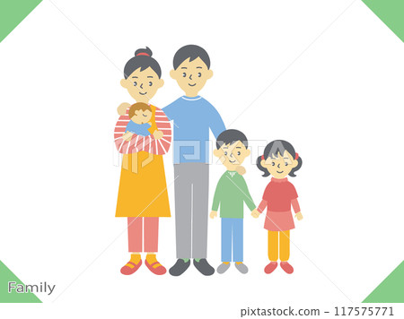 家庭插圖，年輕夫婦和三個孩子的家庭 117575771
