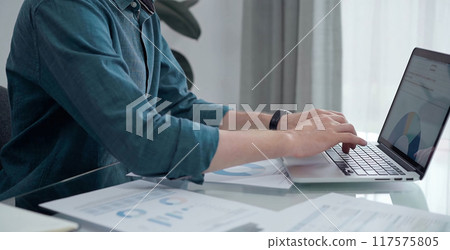 Entrepreneur wearing green shirt is working at laptop with data analysis charts. Businessman analyzing statistical data. Business concept 117575805
