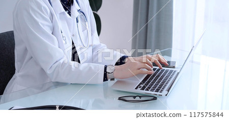 Doctor woman is sitting and typing on laptop computer, hands close up. Medicine and healthcare concept 117575844
