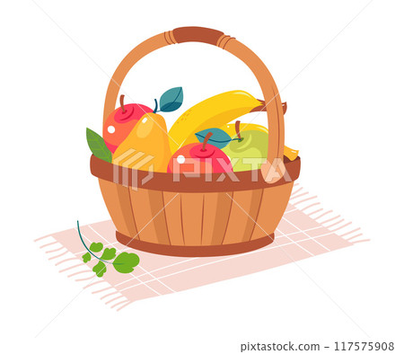 Harvest in Basket with Ripe Agricultural Crop Vector Illustration 117575908
