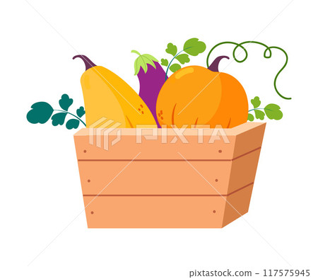 Harvest in Basket with Ripe Agricultural Crop Vector Illustration 117575945