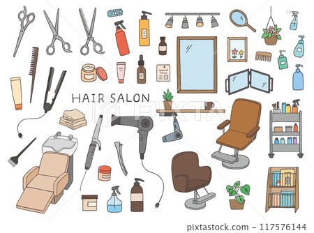 Hand-drawn illustration set related to beauty salons (color) 117576144