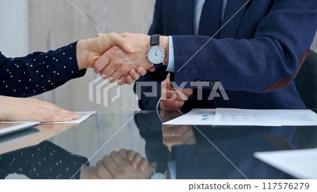 Professional handshake between two professionals and applauds at a corporate meeting with reflection on table over a business meeting. Business people concept 117576279