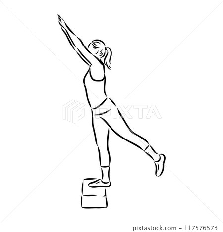 Hand drawn sketch of an exercising woman. Vector illustration. Hand drawn sketch of an exercising woman. Vector illustration. 117576573