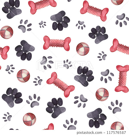 Seamless pattern. Traces of dogs and cats, animal toys, dog bones, balls, all objects are handed manually by watercolor on a white background. Suitable for printing on fabric, paper, packaging. Seamless pattern. Traces of dogs and cats, animal toys, dog bones, balls, all objects are handed manually by watercolor on a white background. Suitable for printing on fabric, paper, packaging. 117576587