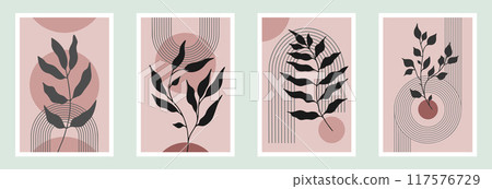 Zen arch poster set with botanical element, simple line arch shapes, and leavs. Geometric Japanese zen pattern minimal elements. Boho style strips, Zen arch poster set with botanical element, simple line arch shapes, and leavs. Geometric Japanese zen pattern minimal elements. Boho style strips, 117576729