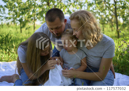 a family of four on a picnic in the park 117577032