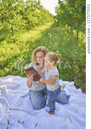 family reading the holy bible on a picnic in the garden 117577053