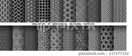 Geometric set of seamless black and gray patterns. Simple vector graphics Geometric set of seamless black and gray patterns. Simple vector graphics 117577332