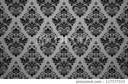 Wallpaper in the style of Baroque. Seamless vector background. Gray and black floral ornament. Graphic pattern for fabric, wallpaper, packaging. Ornate Damask flower ornament 117577333